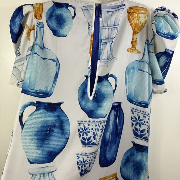 Sassy Jones New Zena Layered Cape Jumpsuit Small Blue Vase Print Puff Sleeve - Picture 14 of 16